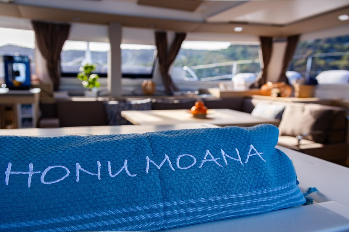 Salon of Premium, a Fountaine Pajot Elba 45 catamaran at Port de Bormes-les-Mimosas, France
