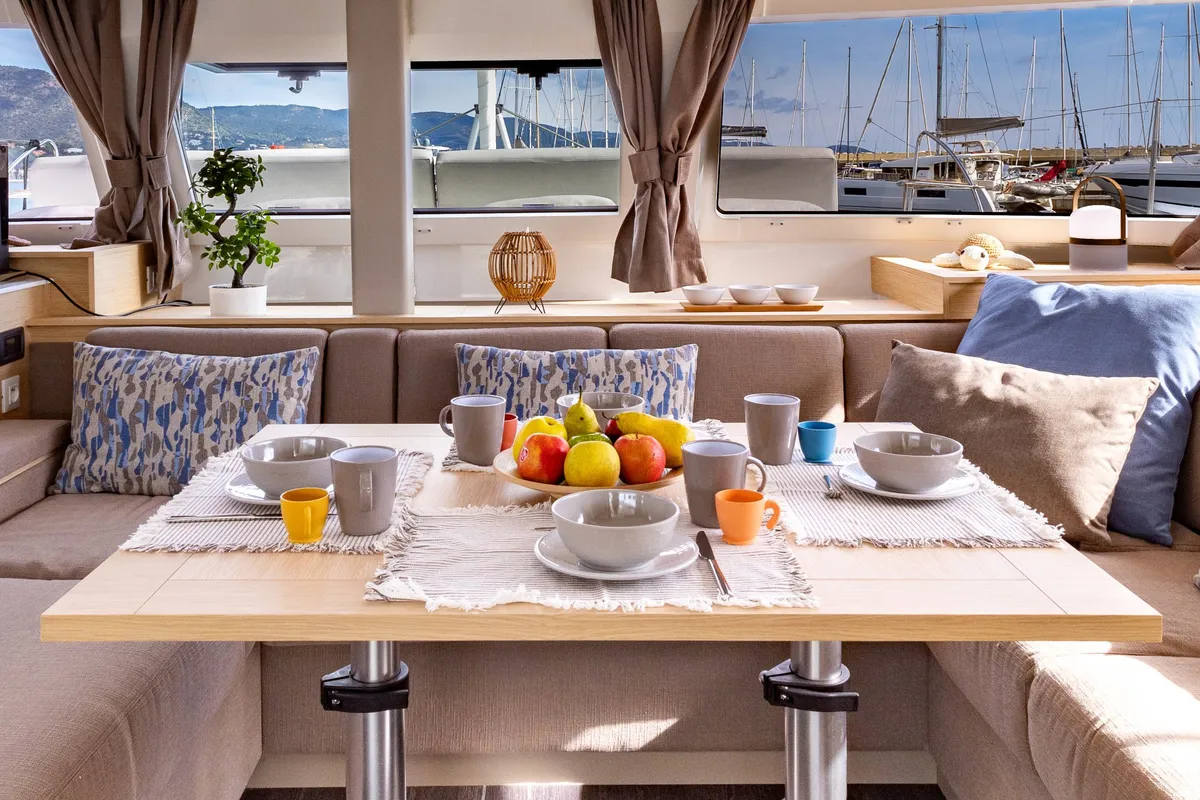 Salon of Premium, a Fountaine Pajot Elba 45 catamaran at Port de Bormes-les-Mimosas, France