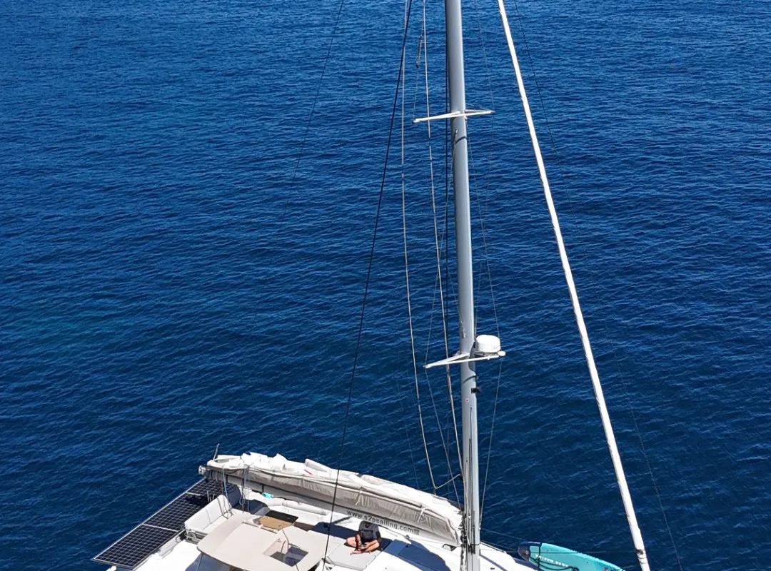 Deck of Premium, a Fountaine Pajot Elba 45 catamaran at Port de Bormes-les-Mimosas, France