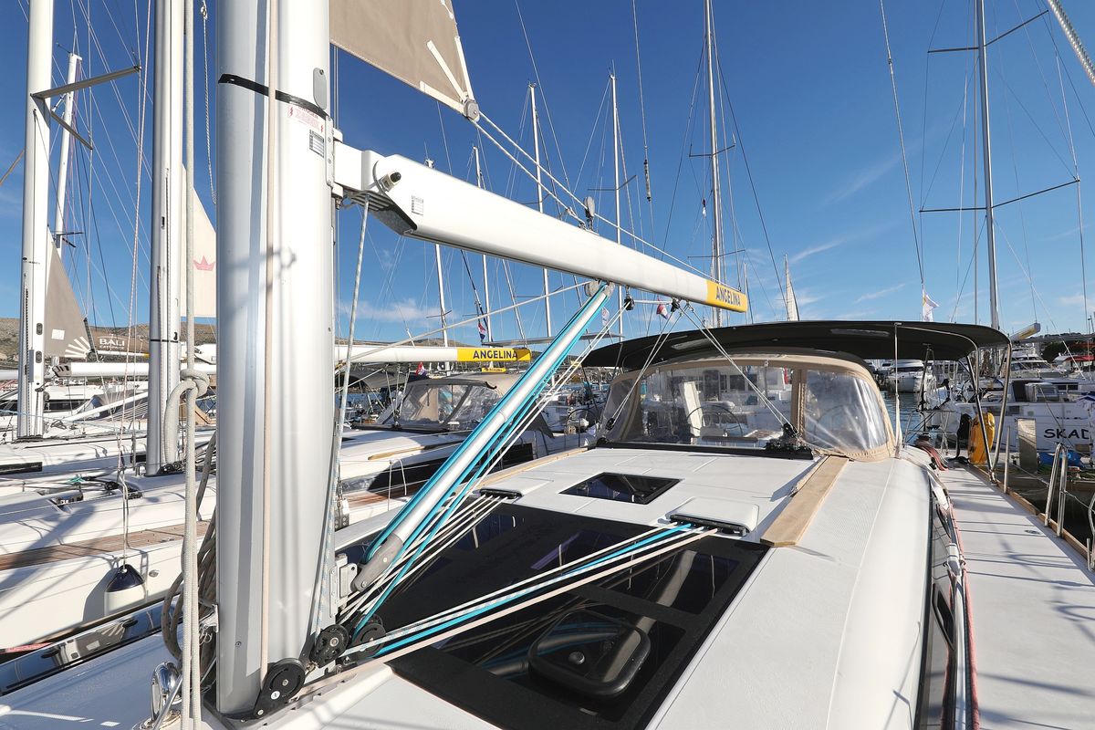Exterior view of Ocean Tango, a Dufour 460 GL sailboat at Grad Trogir, Croatia