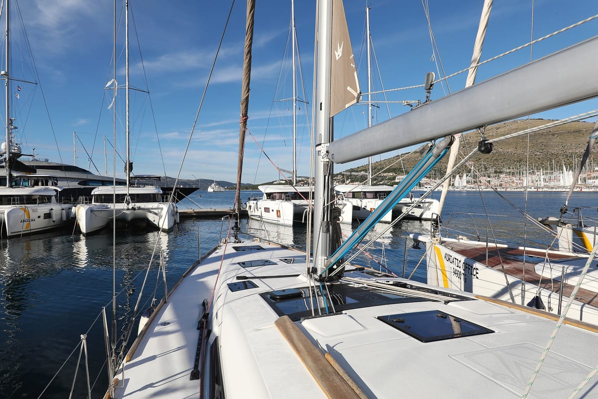 Exterior view of Ocean Tango, a Dufour 460 GL sailboat at Grad Trogir, Croatia