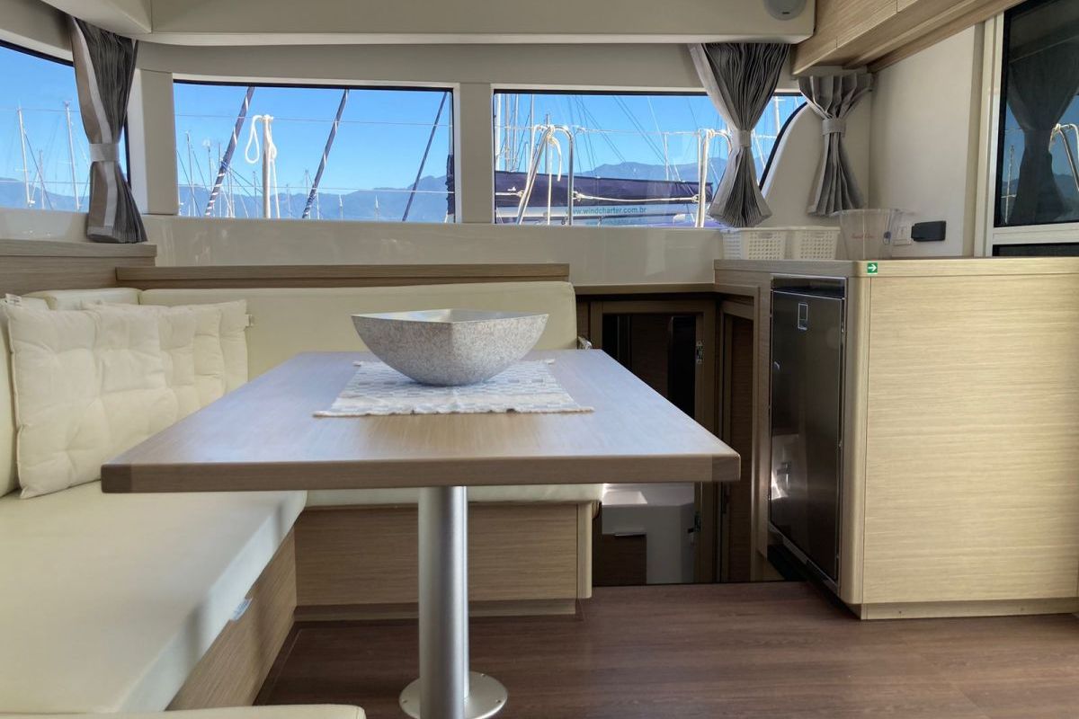 Salon of Atmosfera W, a Lagoon 40 catamaran at Paraty, Brazil