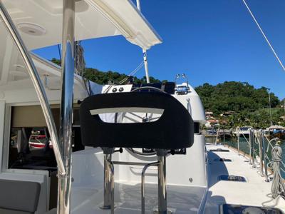 Cockpit of Atmosfera W, a Lagoon 40 catamaran at Paraty, Brazil