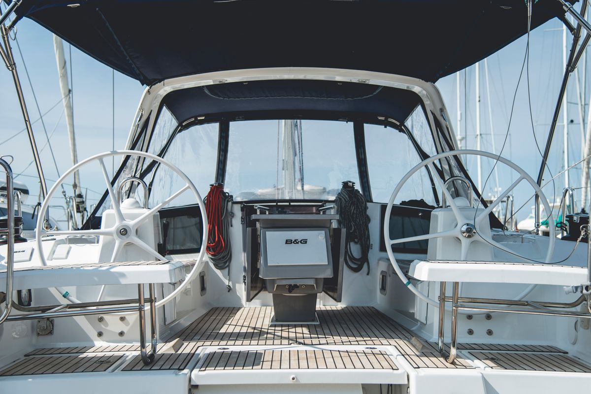 Cockpit of Hydros, a Beneteau Oceanis 41.1 sailboat at Rosignano Solvay, Italy