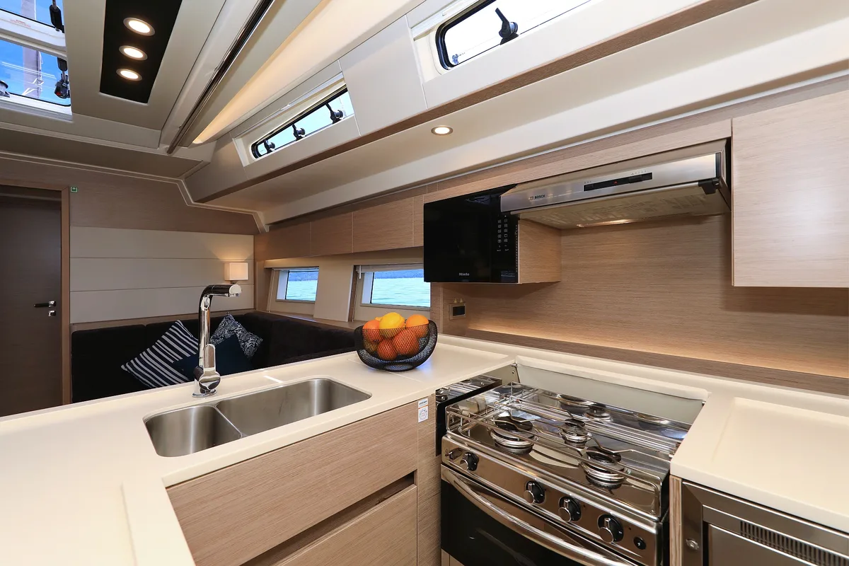 Galley of Crusader, a Hanse Yachts Hanse 588 sailboat at Seget Donji, Croatia