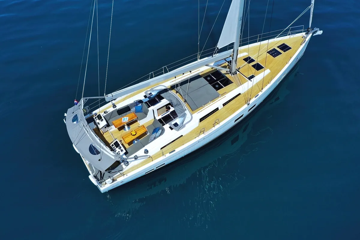 Exterior view of Crusader, a Hanse Yachts Hanse 588 sailboat at Seget Donji, Croatia
