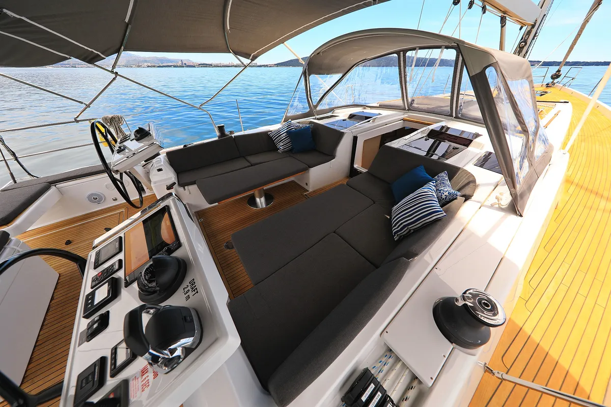 Cockpit of Crusader, a Hanse Yachts Hanse 588 sailboat at Seget Donji, Croatia