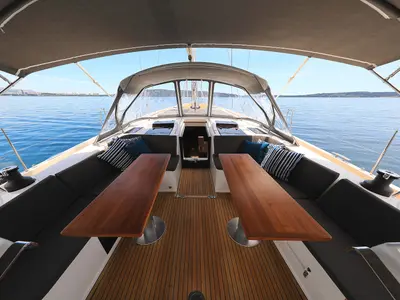 Deck of Crusader, a Hanse Yachts Hanse 588 sailboat at Seget Donji, Croatia