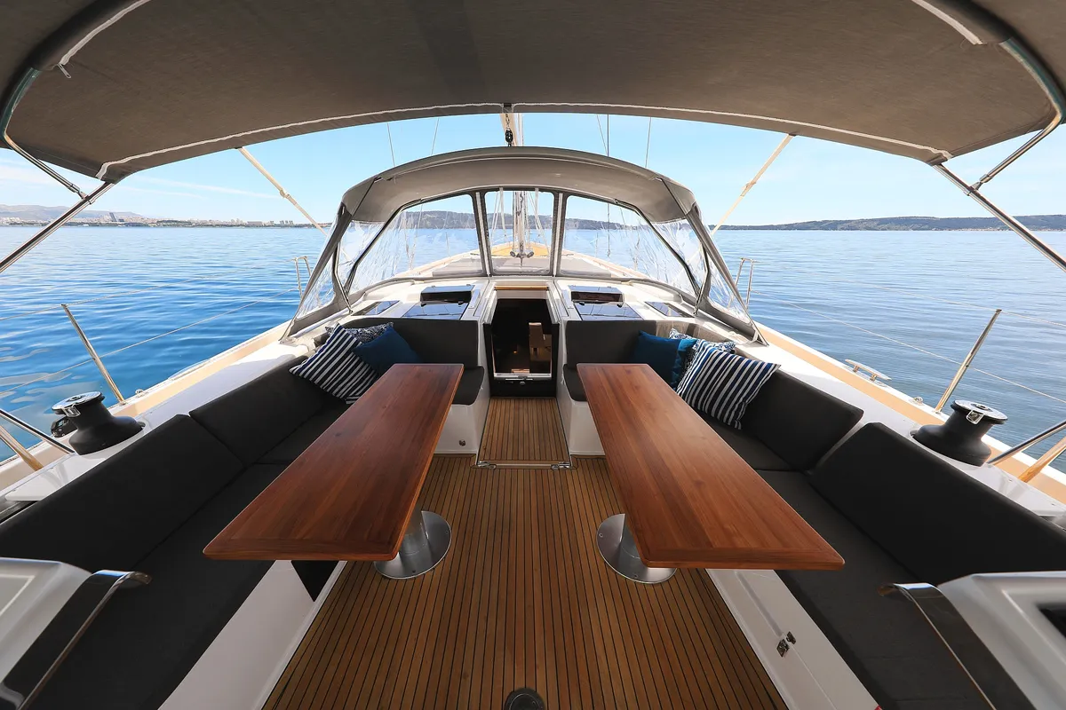 Deck of Crusader, a Hanse Yachts Hanse 588 sailboat at Seget Donji, Croatia