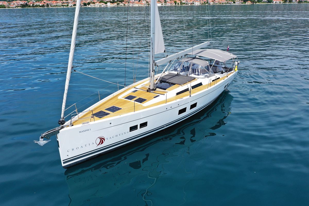 Exterior view of Crusader, a Hanse Yachts Hanse 588 sailboat at Seget Donji, Croatia