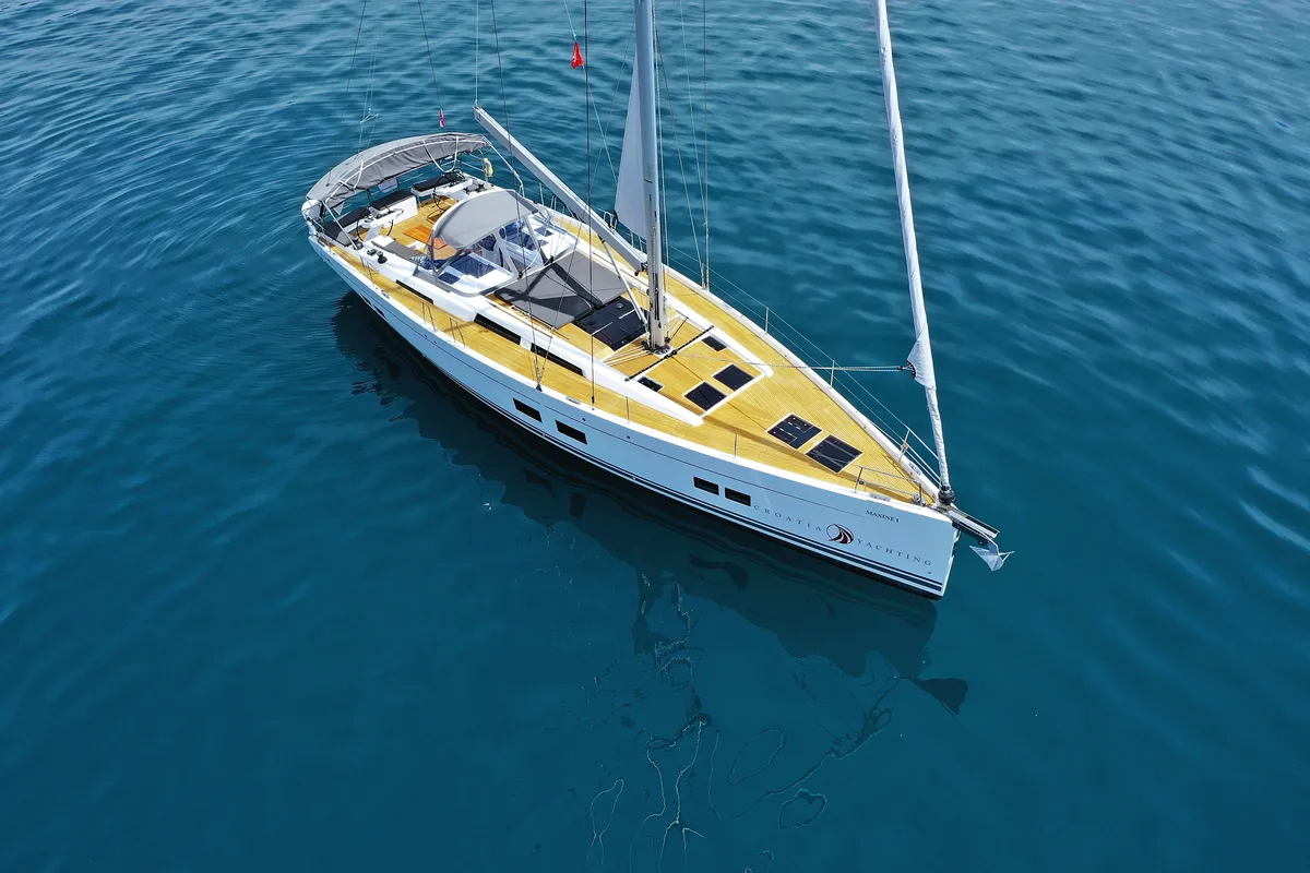 Exterior view of Crusader, a Hanse Yachts Hanse 588 sailboat at Seget Donji, Croatia