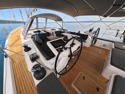 Cockpit of Crusader, a Hanse Yachts Hanse 588 sailboat at Seget Donji, Croatia