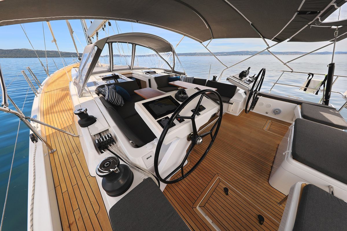 Cockpit of Crusader, a Hanse Yachts Hanse 588 sailboat at Seget Donji, Croatia