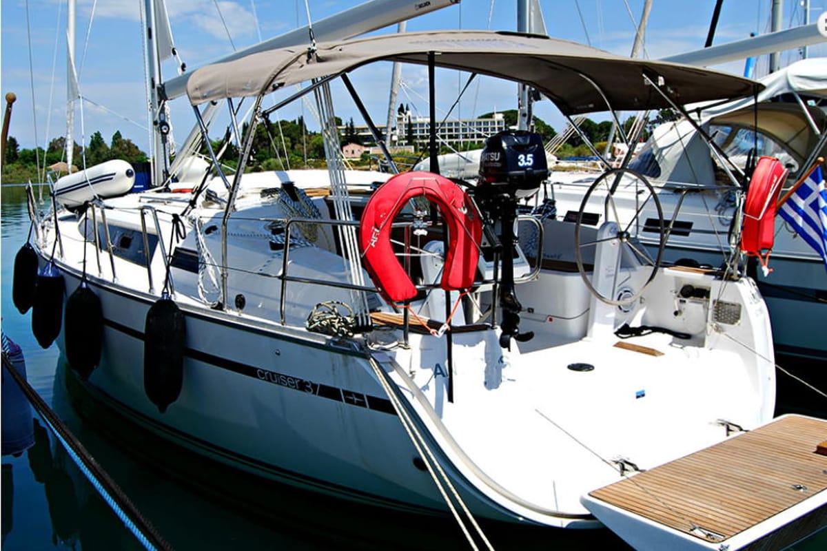 Exterior view of Anemos, a Bavaria 37 sailboat at Kontokali, Greece
