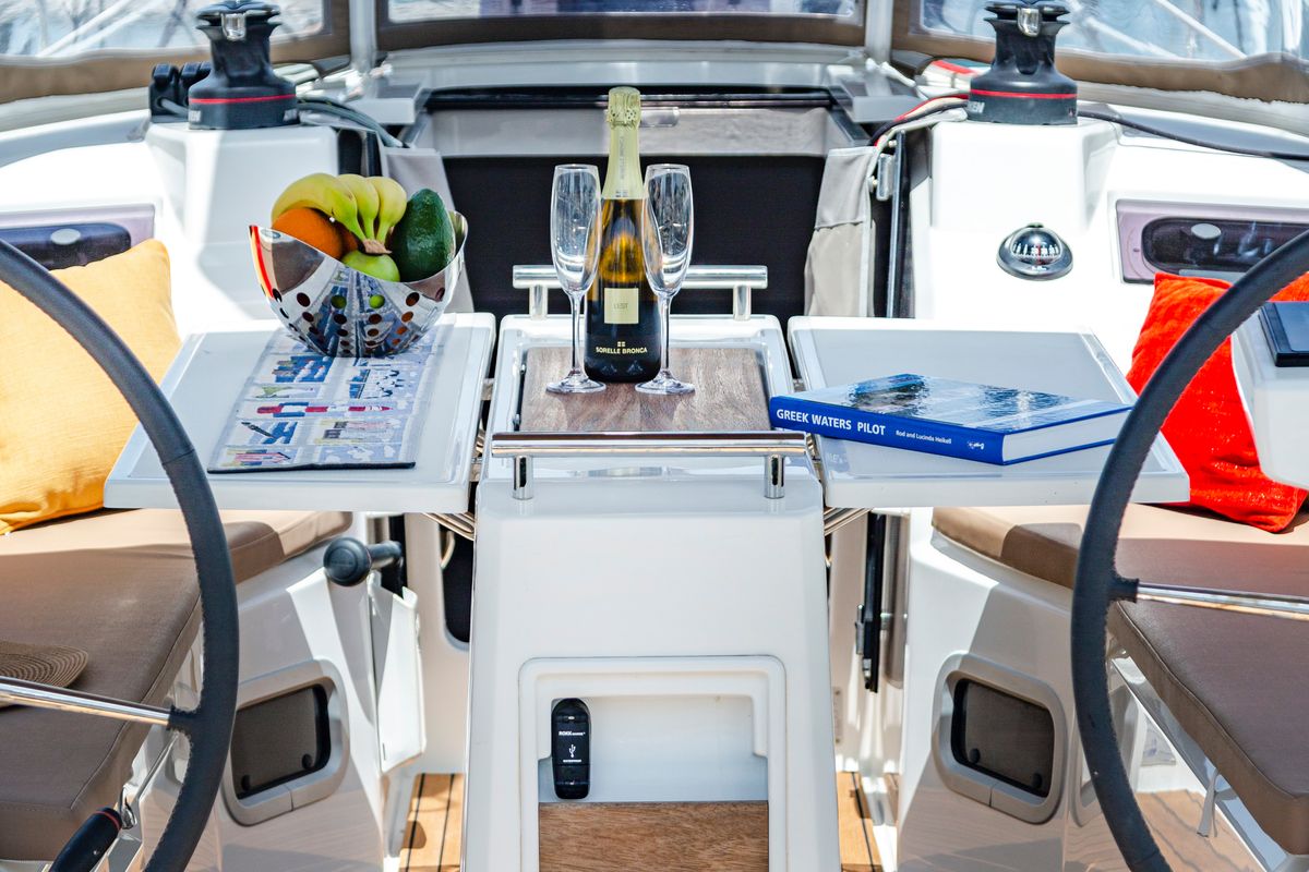 Cockpit of Pink Floyd, a Beneteau Oceanis 34.1 sailboat at Municipal Unit of Lefkada, Greece