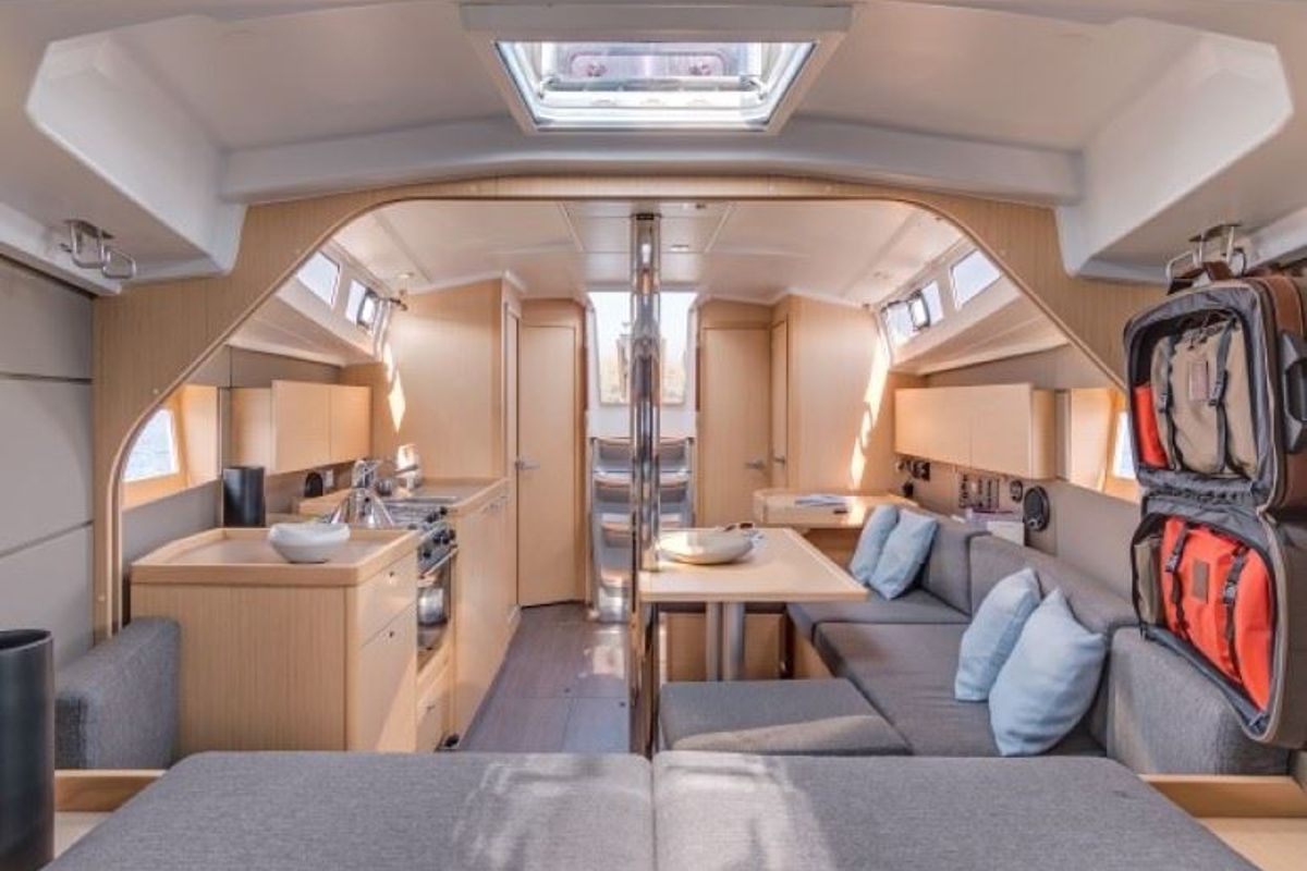 Salon of Stargazer, a Beneteau Oceanis 38.1 sailboat at Fethiye, Turkey