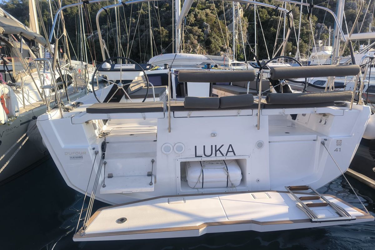Exterior view of Momo, a Dufour 37 sailboat at Marmaris, Turkey