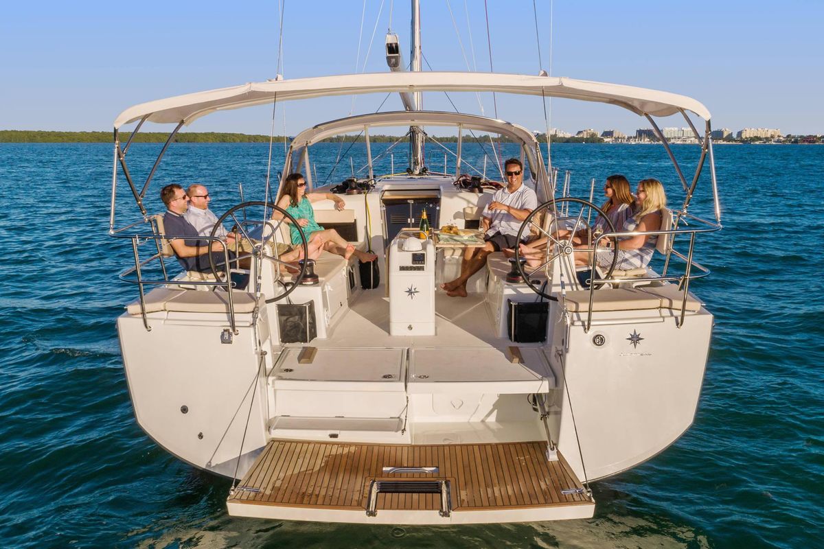 Exterior view of Te Amo, a Jeanneau Sun Odyssey 490 sailboat at Marmaris, Turkey