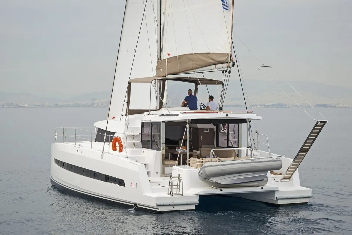 Exterior view of Golden Waters, a Bali 4.1 catamaran at Port of Avdira, Greece