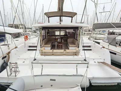 Deck of Golden Waters, a Bali 4.1 catamaran at Port of Avdira, Greece