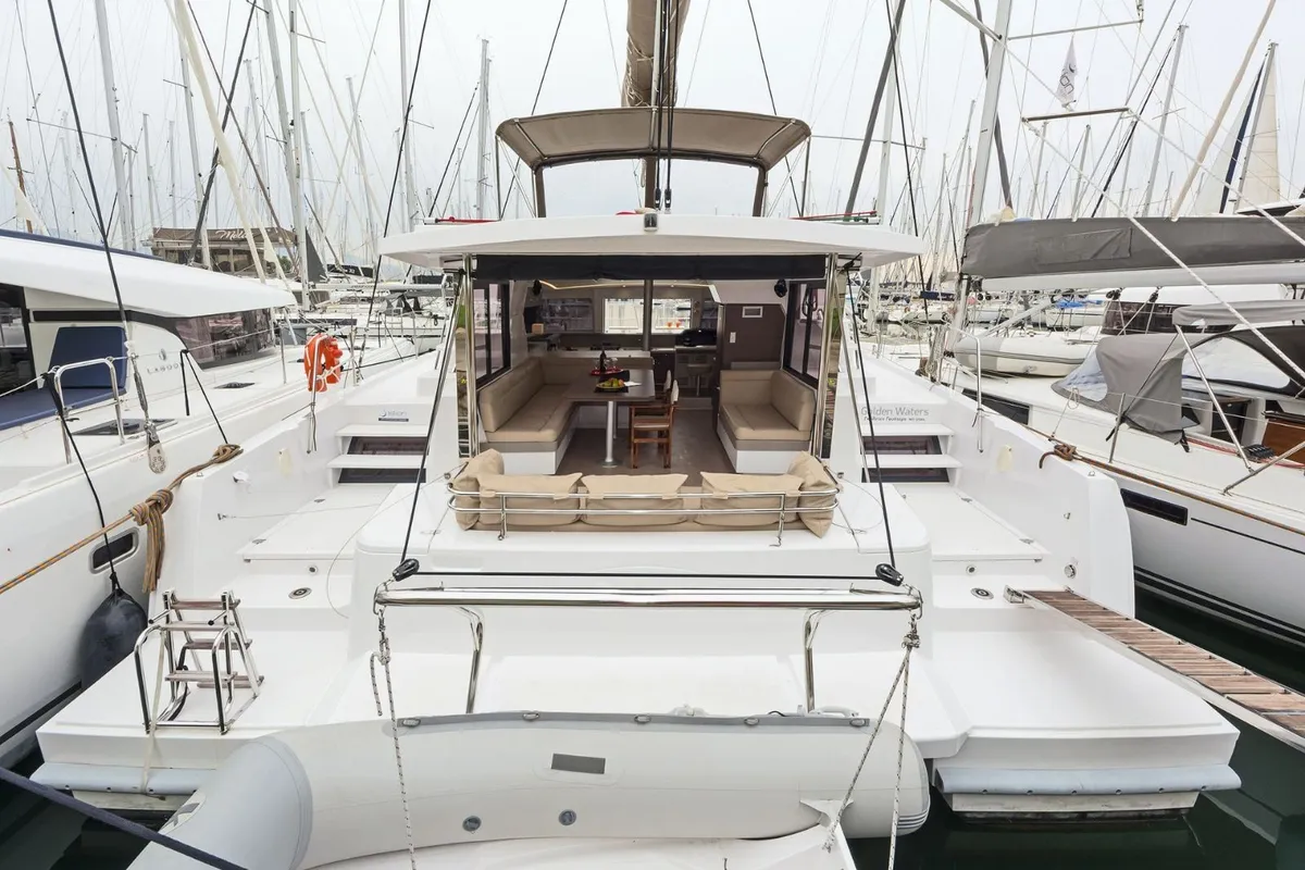 Deck of Golden Waters, a Bali 4.1 catamaran at Port of Avdira, Greece