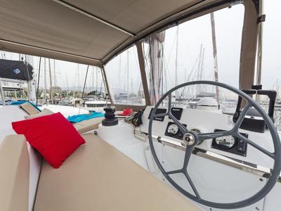 Cockpit of Golden Waters, a Bali 4.1 catamaran at Port of Avdira, Greece