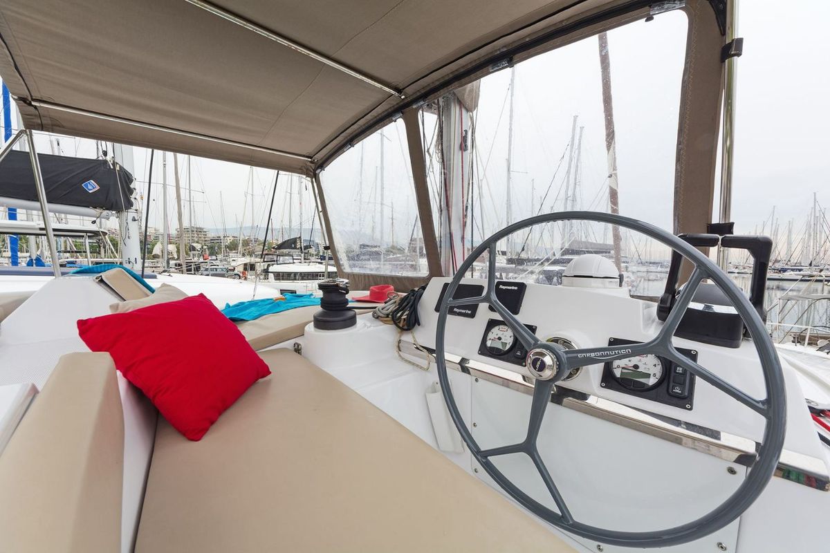 Cockpit of Golden Waters, a Bali 4.1 catamaran at Port of Avdira, Greece