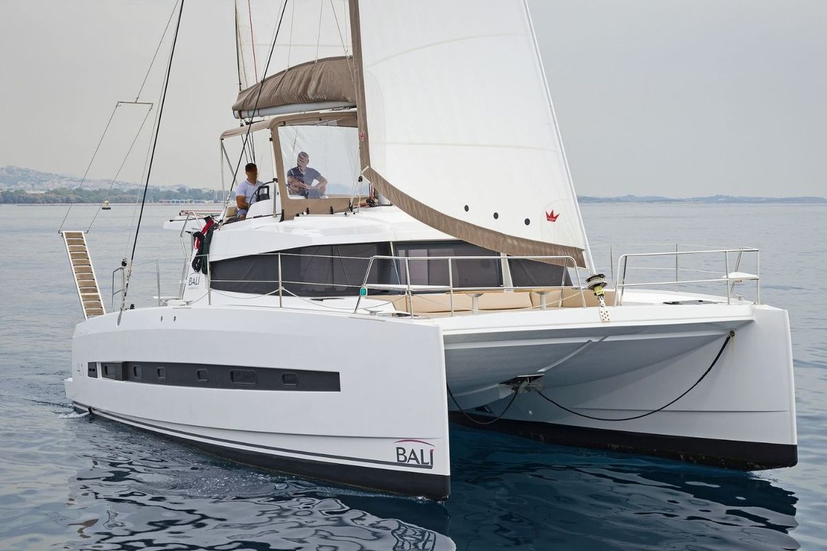 Exterior view of Golden Waters, a Bali 4.1 catamaran at Port of Avdira, Greece