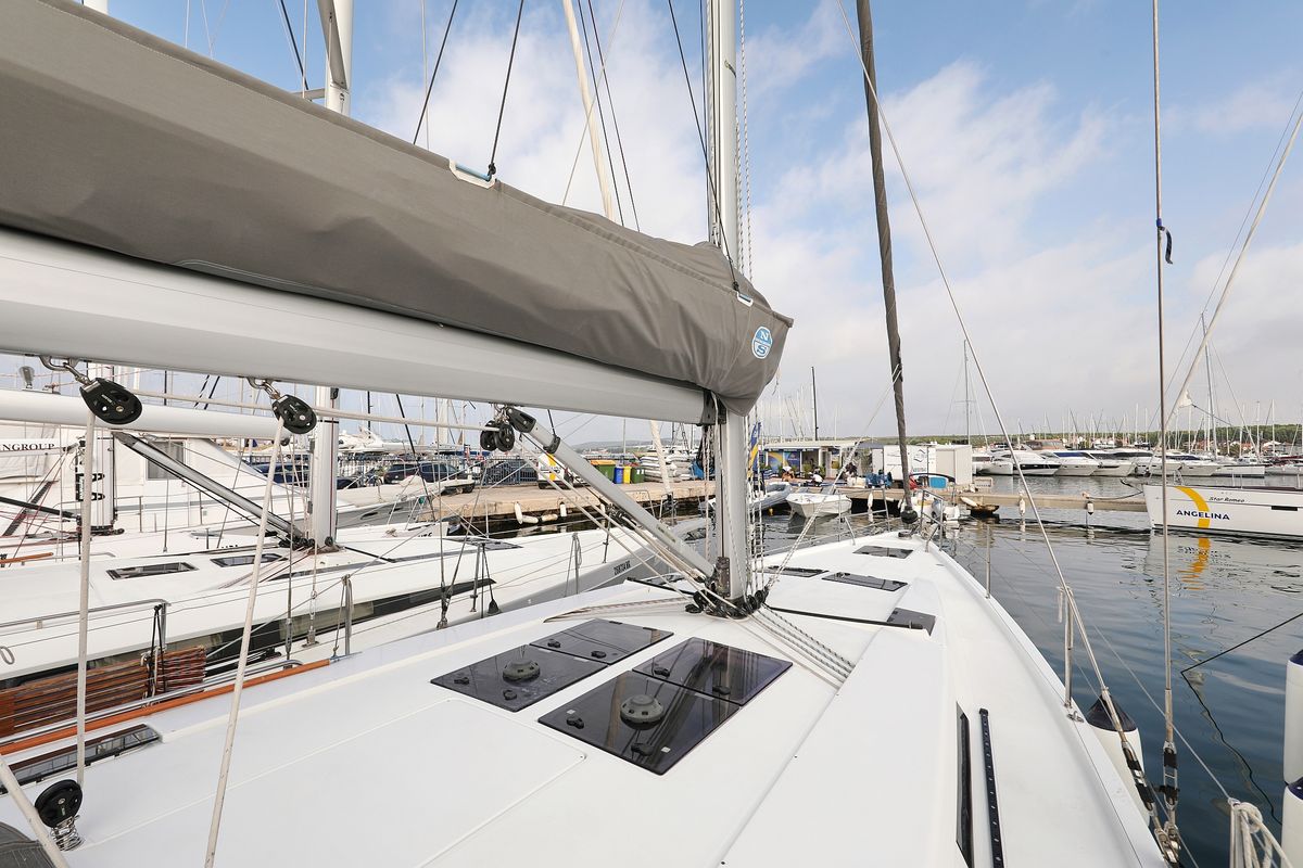 Deck of Panna, a Hanse Yachts Hanse 455 sailboat at Grad Biograd na Moru, Croatia