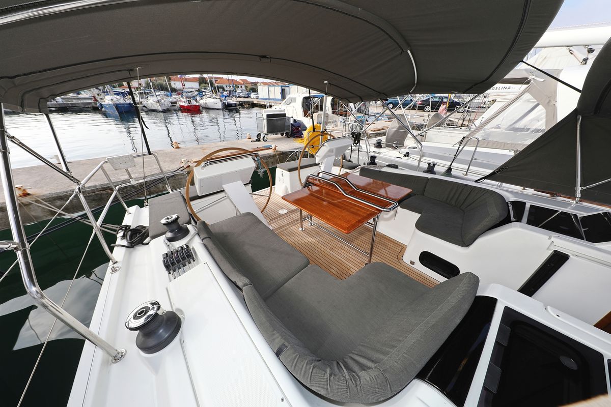 Deck of Panna, a Hanse Yachts Hanse 455 sailboat at Grad Biograd na Moru, Croatia