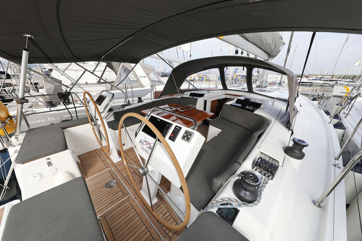 Cockpit of Panna, a Hanse Yachts Hanse 455 sailboat at Grad Biograd na Moru, Croatia