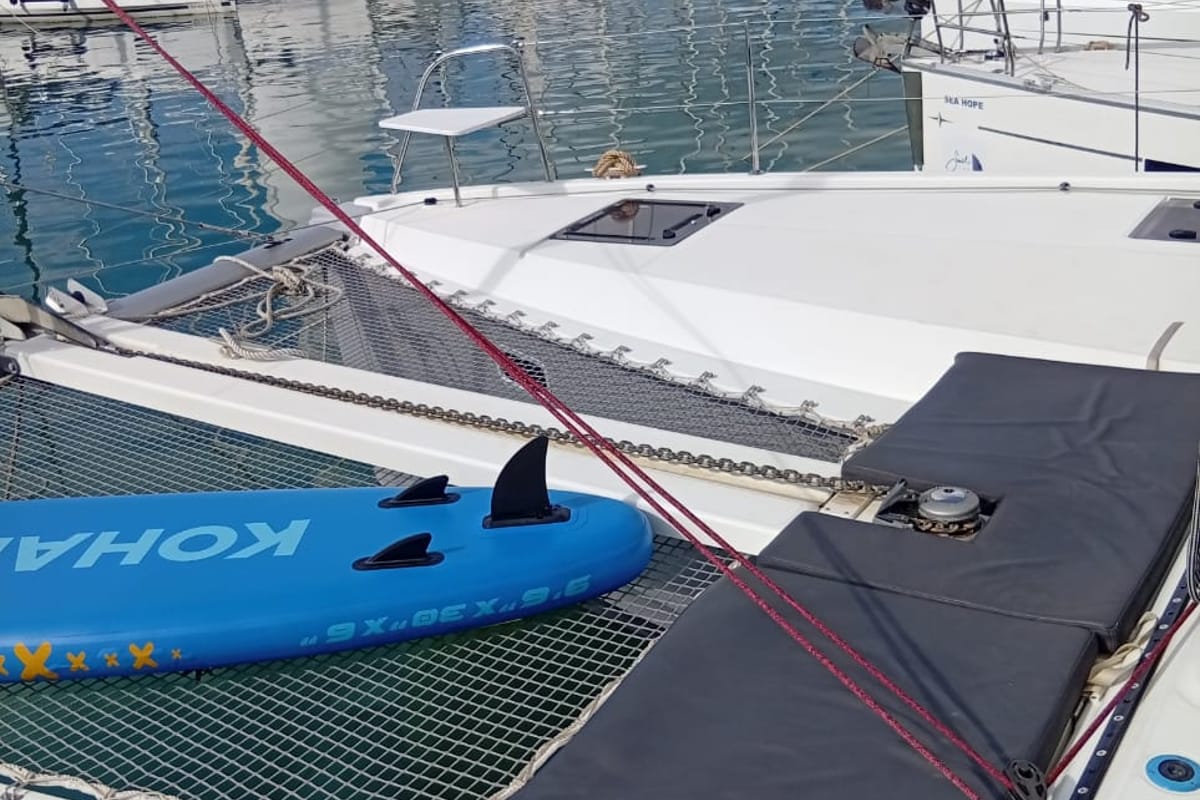 Deck of Amare II, a Excess 11 catamaran at Kontokali, Greece