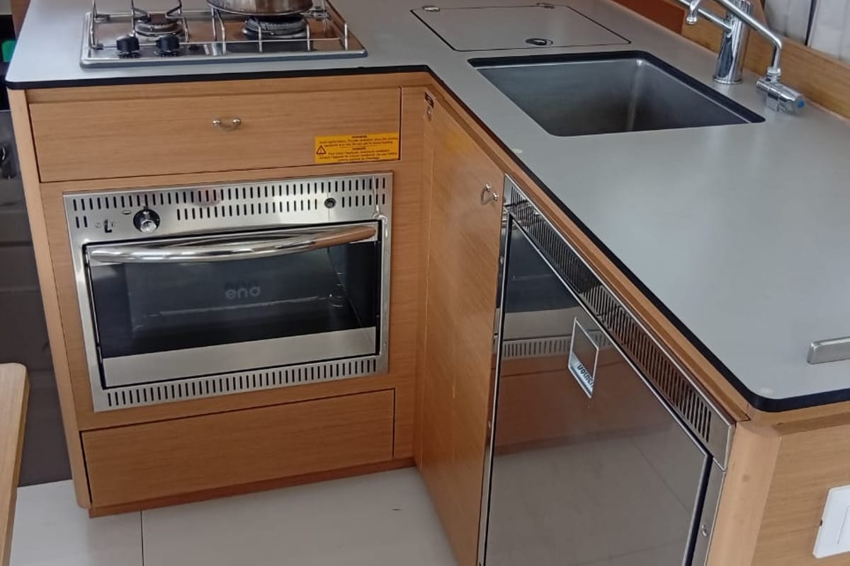 Galley of Amare II, a Excess 11 catamaran at Kontokali, Greece