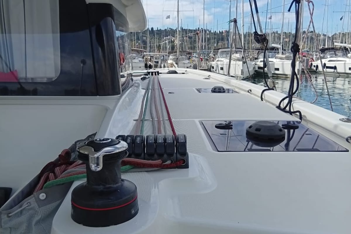 Deck of Amare II, a Excess 11 catamaran at Kontokali, Greece