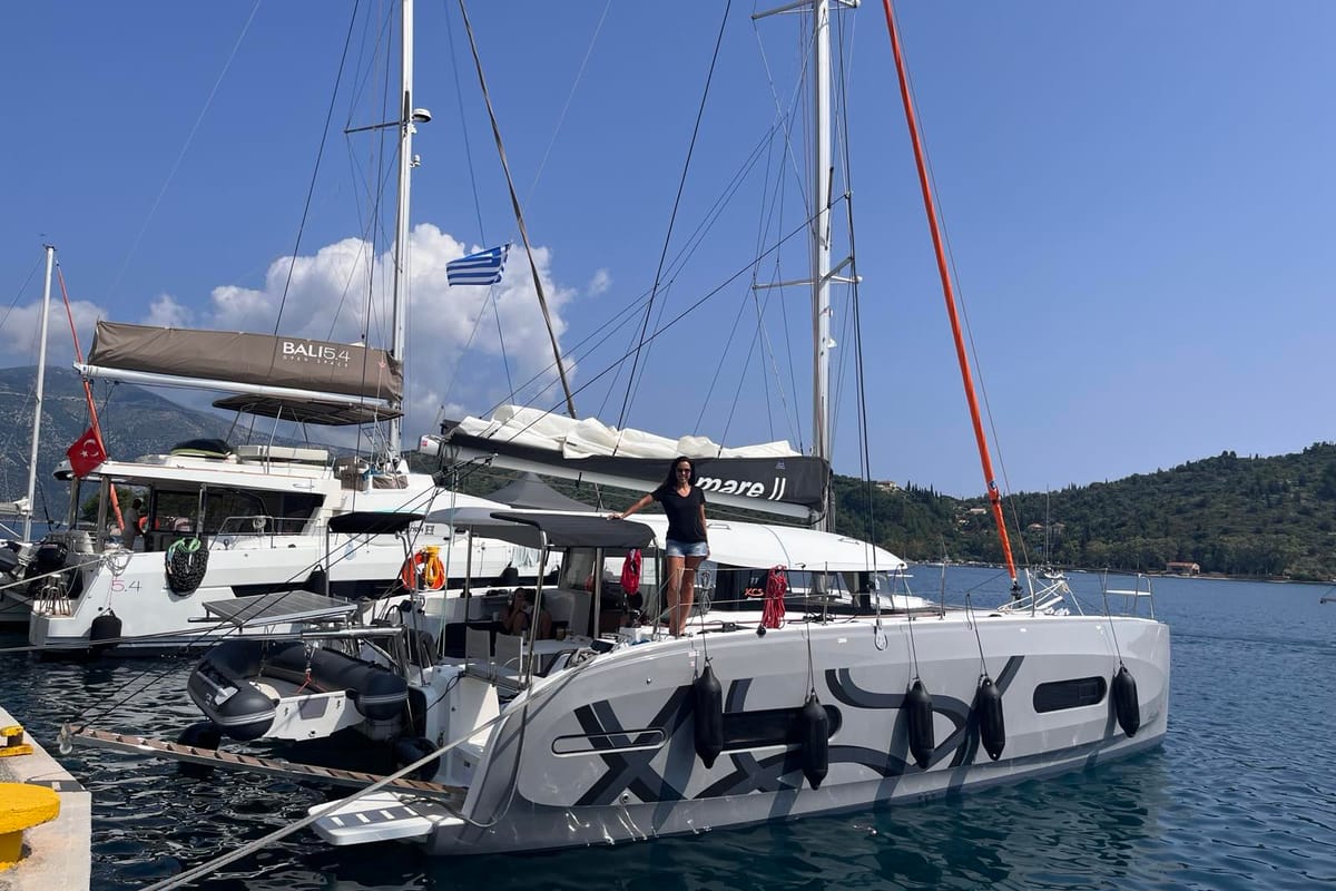 Exterior view of Amare II, a Excess 11 catamaran at Kontokali, Greece