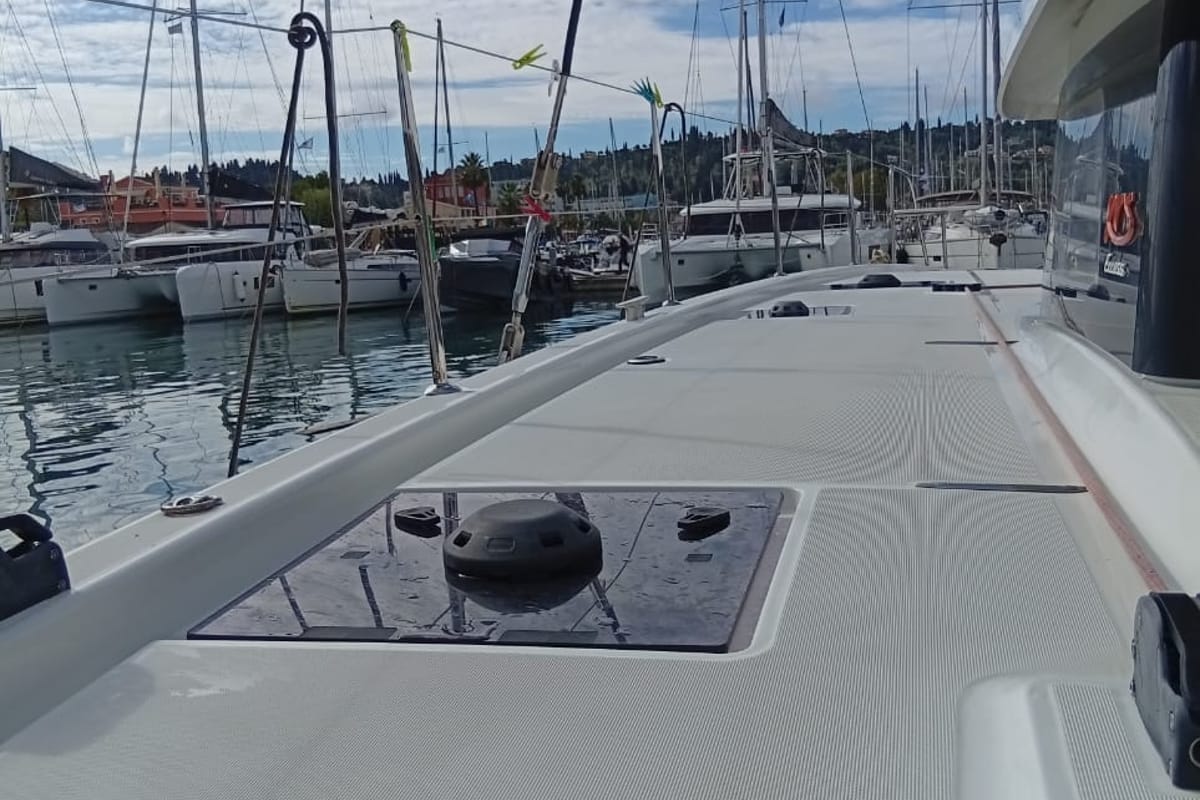Deck of Amare II, a Excess 11 catamaran at Kontokali, Greece