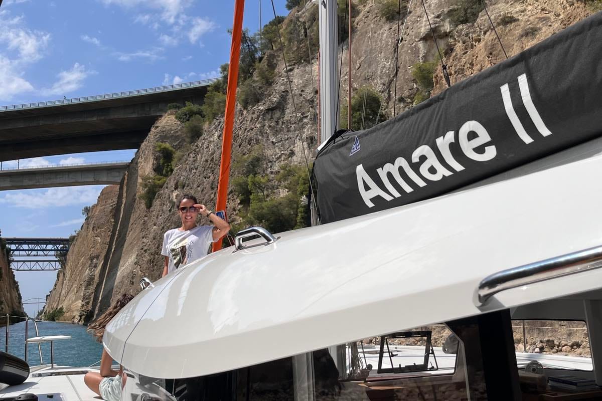 Exterior view of Amare II, a Excess 11 catamaran at Kontokali, Greece