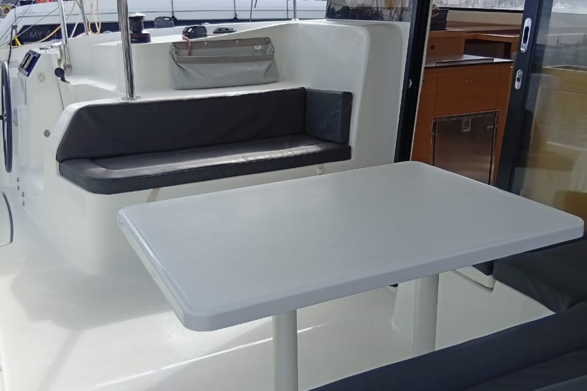 Deck of Amare II, a Excess 11 catamaran at Kontokali, Greece