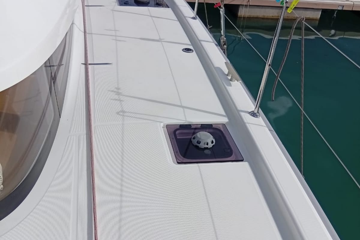 Deck of Amare II, a Excess 11 catamaran at Kontokali, Greece