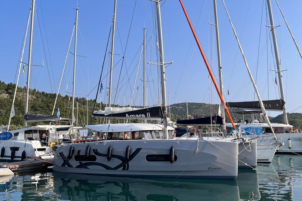 Exterior view of Amare II, a Excess 11 catamaran at Kontokali, Greece