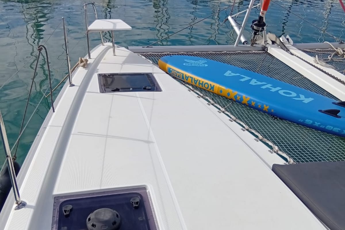 Deck of Amare II, a Excess 11 catamaran at Kontokali, Greece