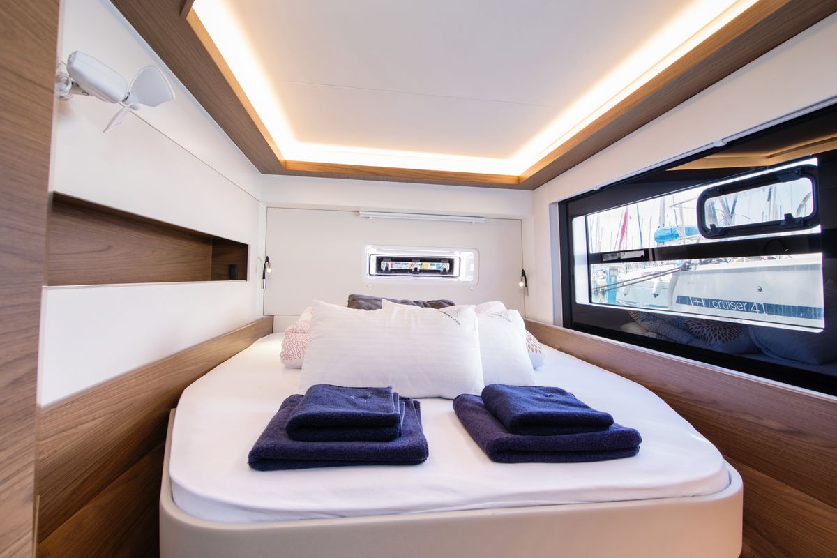 Cabin on Aelia, a Nautitech 46 Fly catamaran at Gouvia, Greece