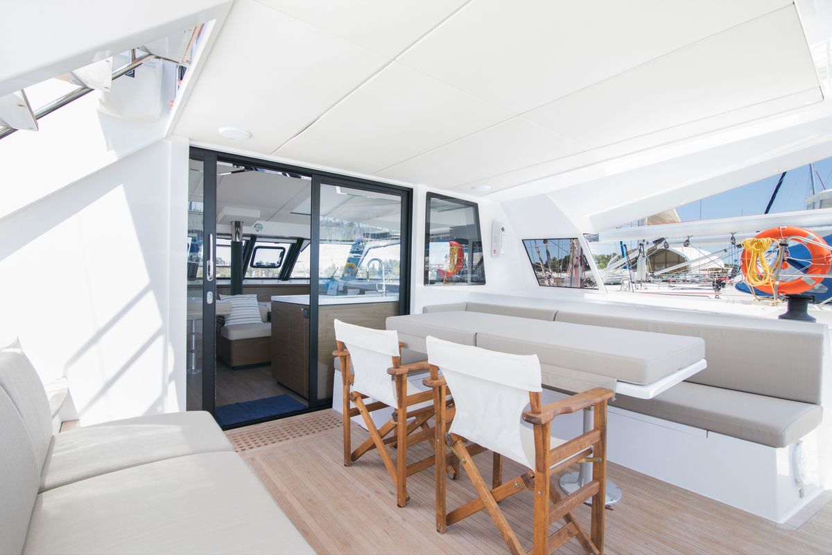 Deck of Aelia, a Nautitech 46 Fly catamaran at Gouvia, Greece