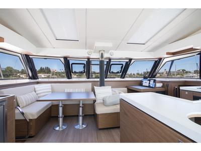 Salon of Aelia, a Nautitech 46 Fly catamaran at Gouvia, Greece