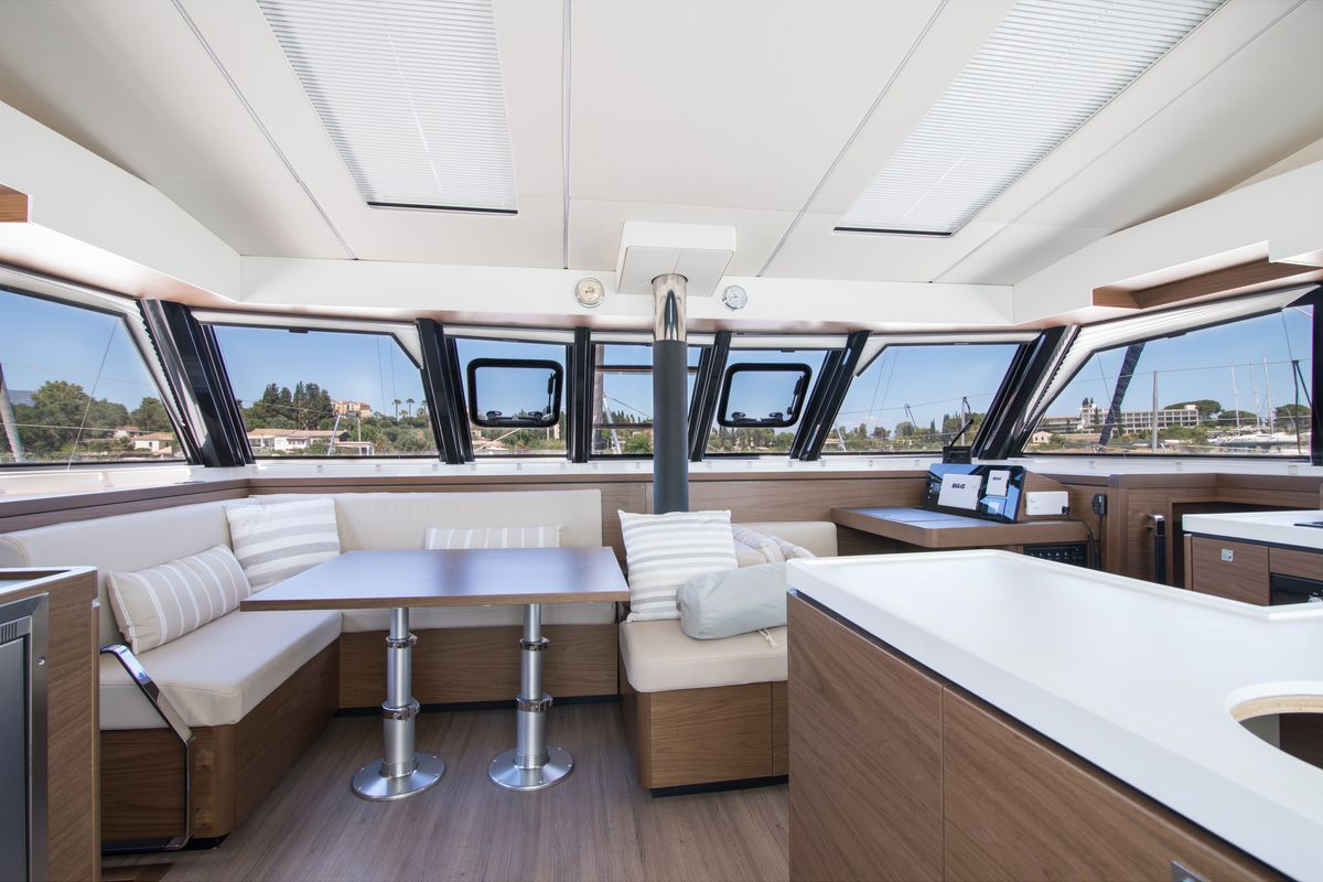 Salon of Aelia, a Nautitech 46 Fly catamaran at Gouvia, Greece