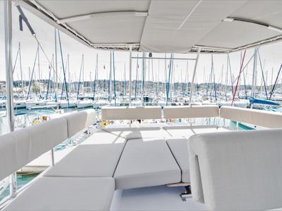 Deck of Aelia, a Nautitech 46 Fly catamaran at Gouvia, Greece