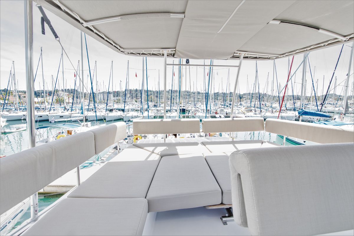Deck of Aelia, a Nautitech 46 Fly catamaran at Gouvia, Greece