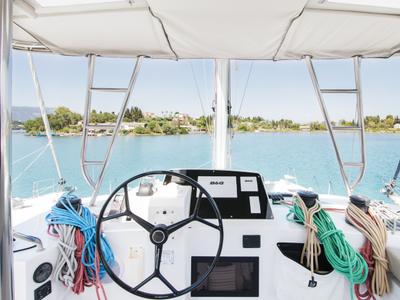 Cockpit of Aelia, a Nautitech 46 Fly catamaran at Gouvia, Greece