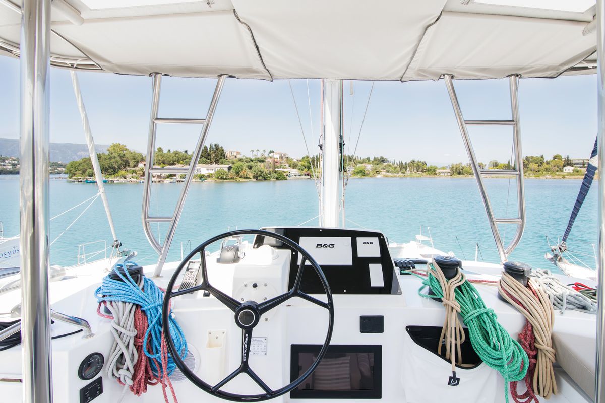 Cockpit of Aelia, a Nautitech 46 Fly catamaran at Gouvia, Greece