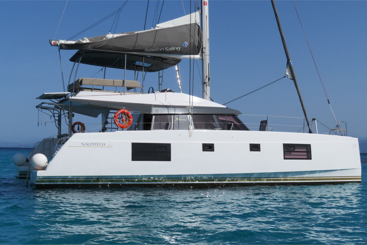 Exterior view of Aelia, a Nautitech 46 Fly catamaran at Gouvia, Greece